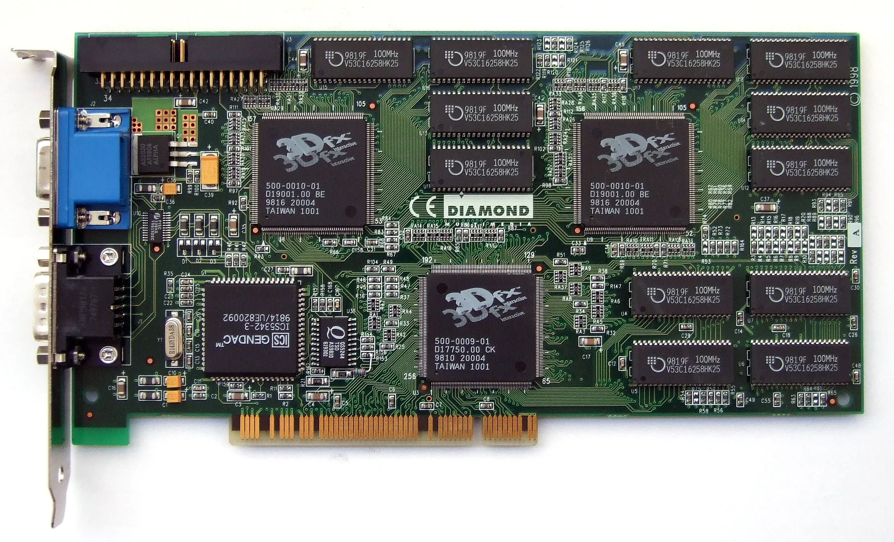 3dfx Voodoo2 Diamond Monster 3D II graphics accelerator with three 3dfx chips and memory array visible