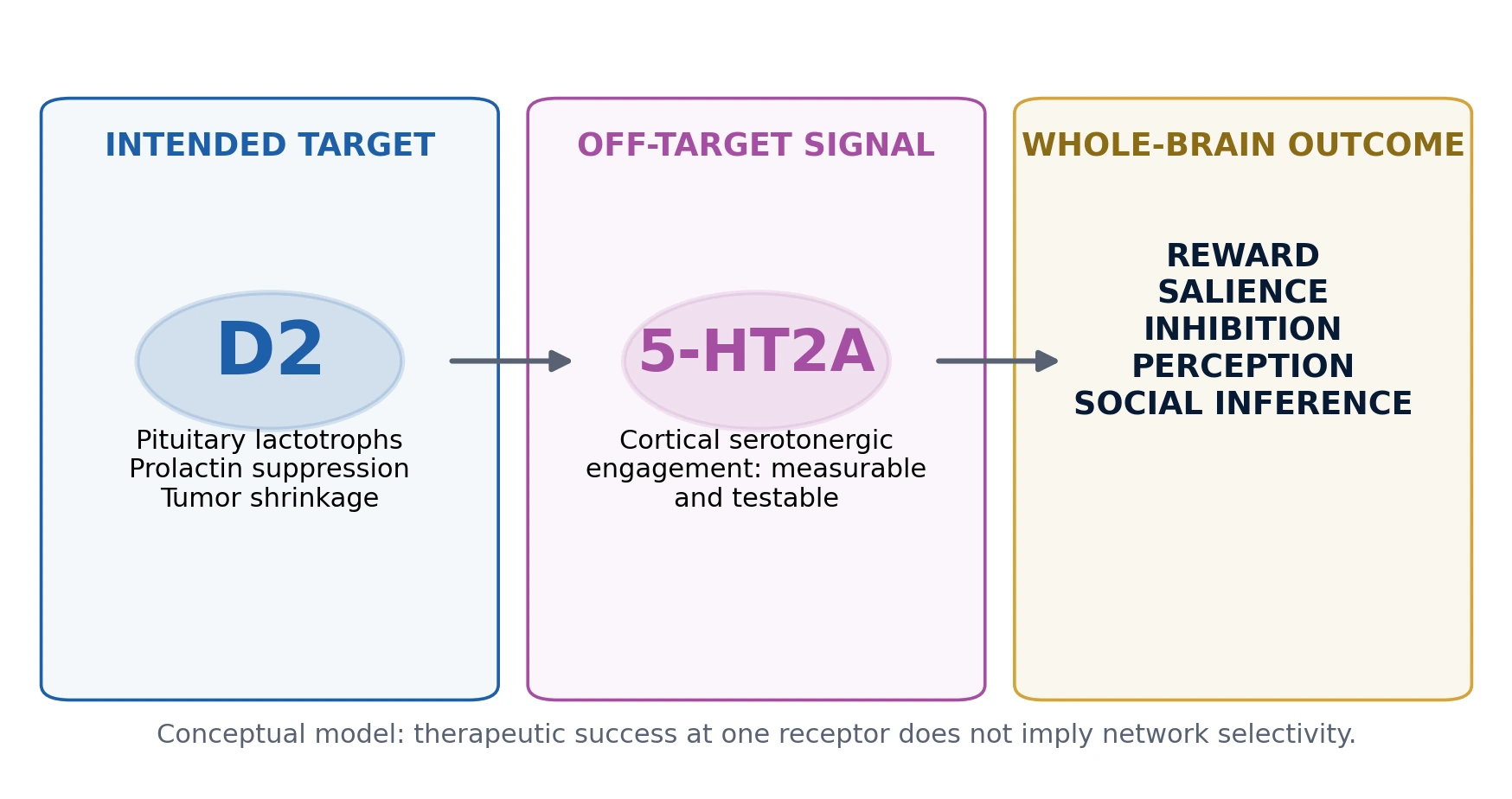 Diagram showing intended D2 endocrine action, hypothesized cortical 5-HT2A engagement, and downstream reward, salience, inhibition, perception, and social-inference outcomes.
