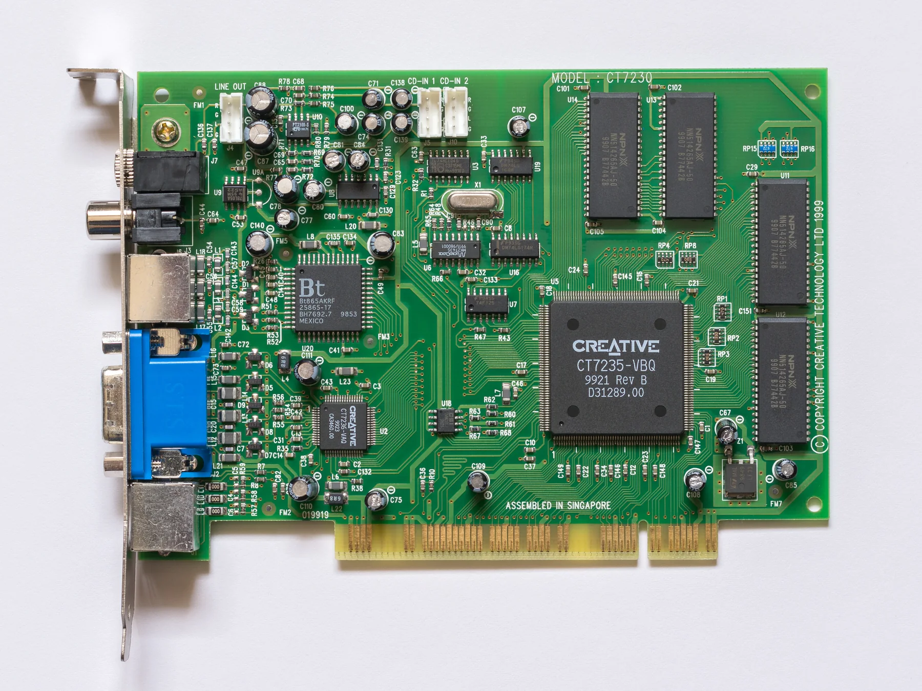 Creative Labs Dxr3 MPEG-2 decoder PCI card with video connectors, memory chips, and decoder silicon visible
