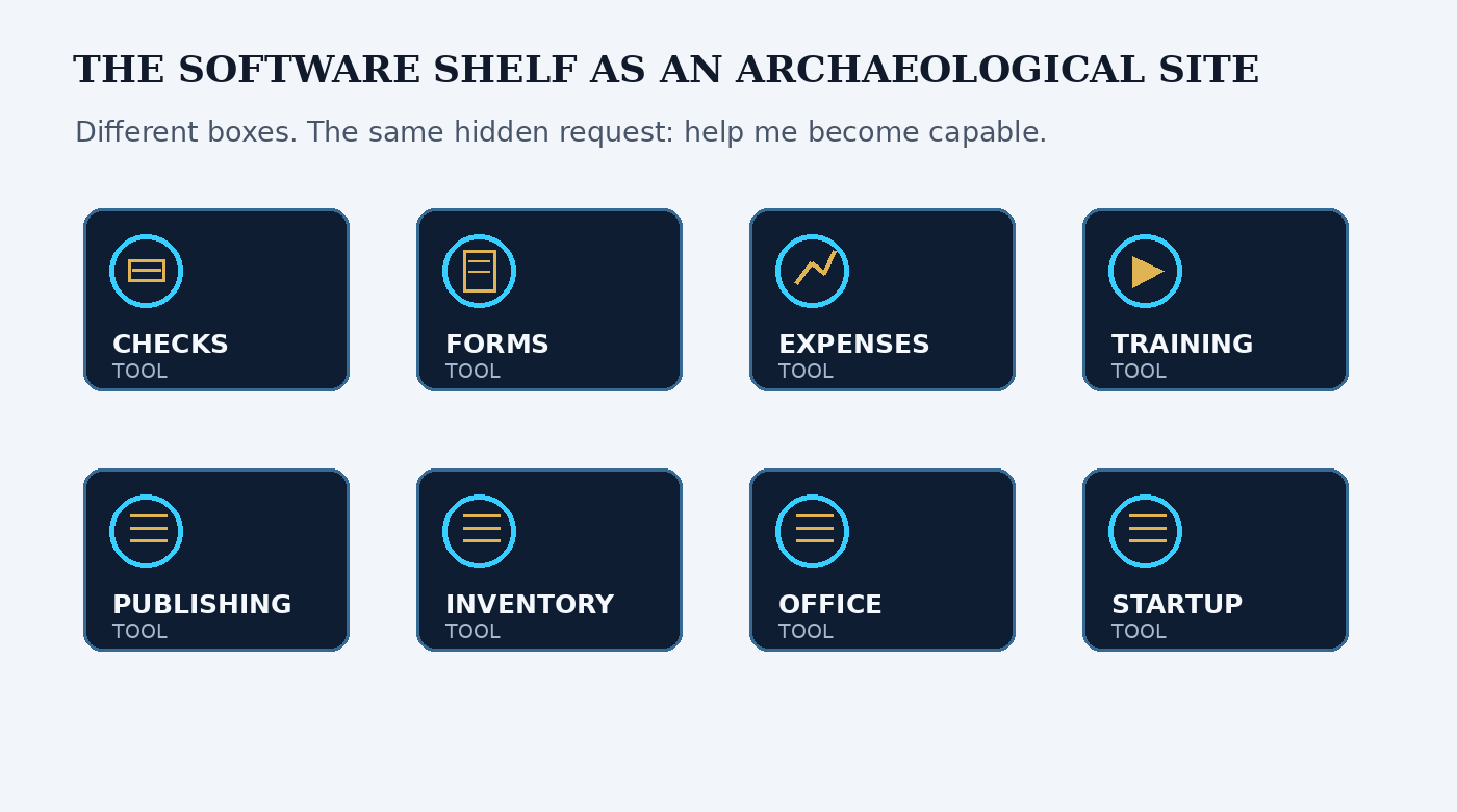 Eight generic software categories such as checks, forms, expenses, training, publishing, inventory, office and startup tools arranged as retail software boxes.