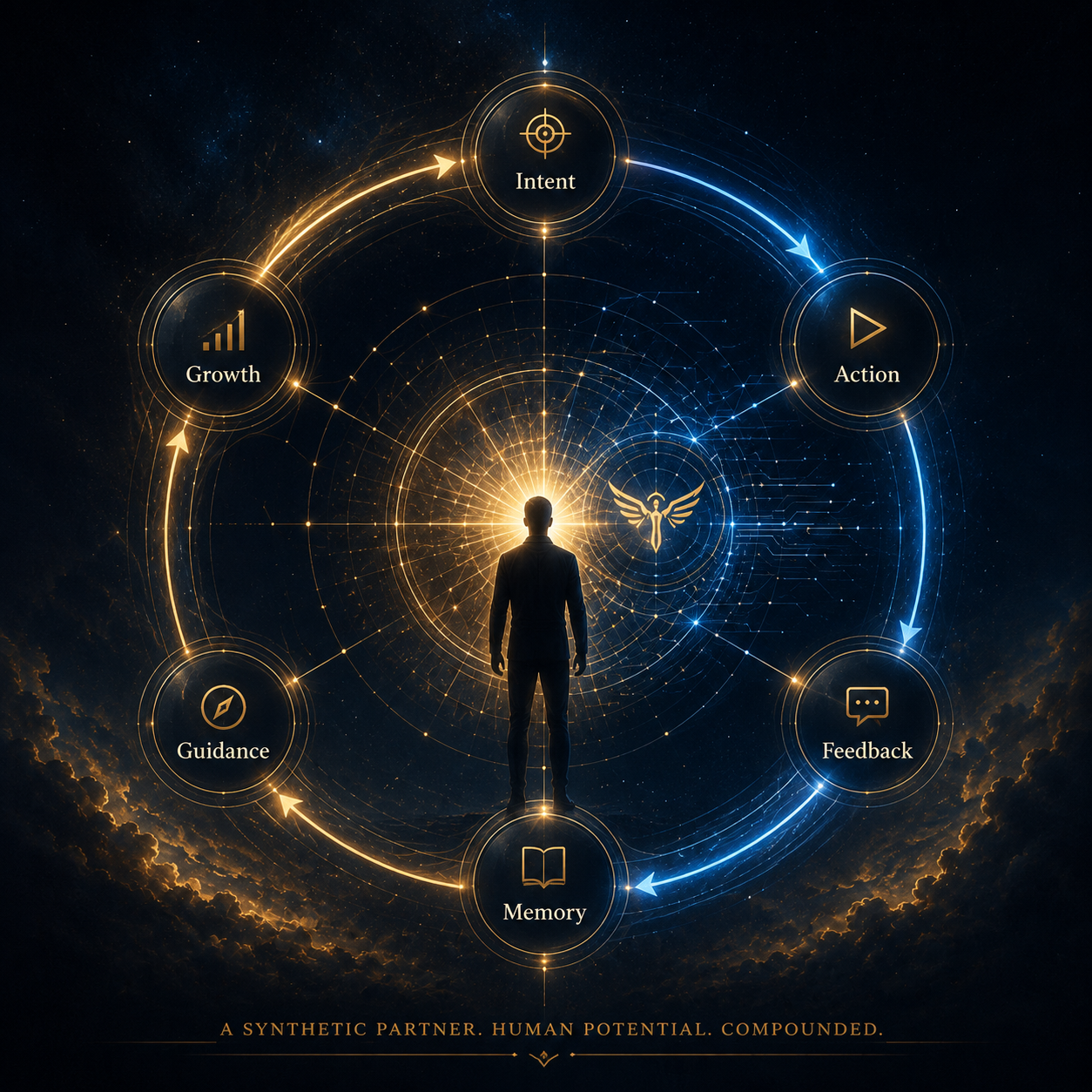 Circular synthetic-partnership model connecting intent, action, feedback, memory, guidance, and growth.