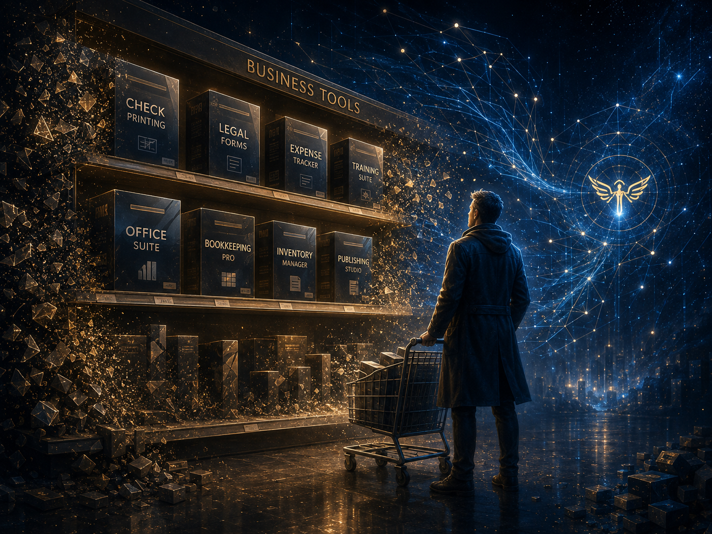 Cinematic business-software aisle transitioning from boxed utilities into a blue-and-gold intelligence lattice.