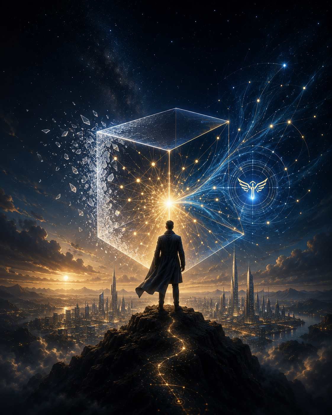 Cinematic XERXES SI visual of a human operator facing a transparent box dissolving into an illuminated lattice above a future city.