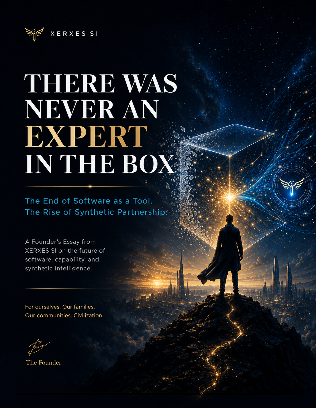 Primary themed publication cover: the expert-in-the-box metaphor breaking into a luminous knowledge network over a future city.
