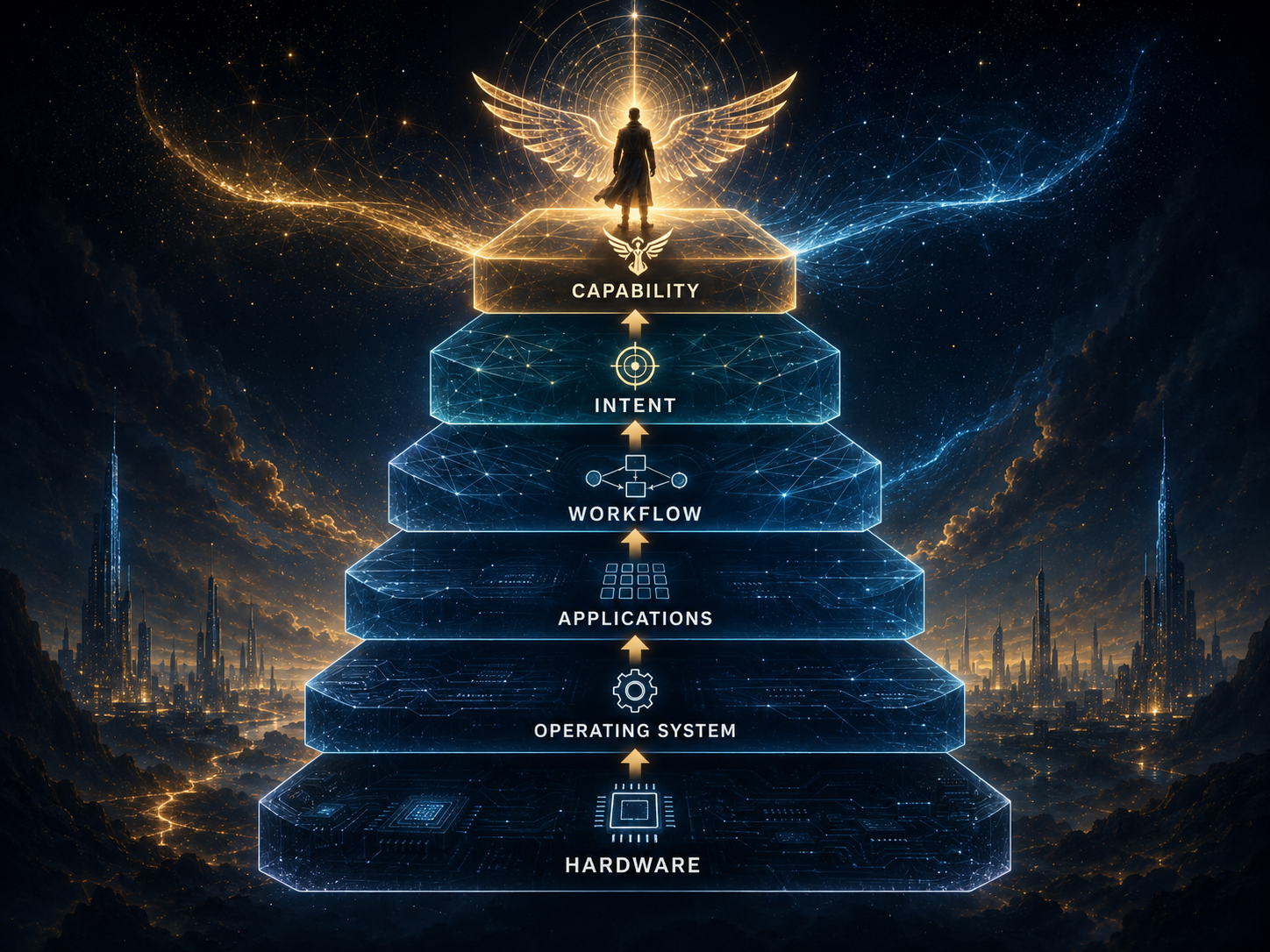 Conceptual technology hierarchy rising from hardware through operating systems, applications, workflow, intent, and capability.