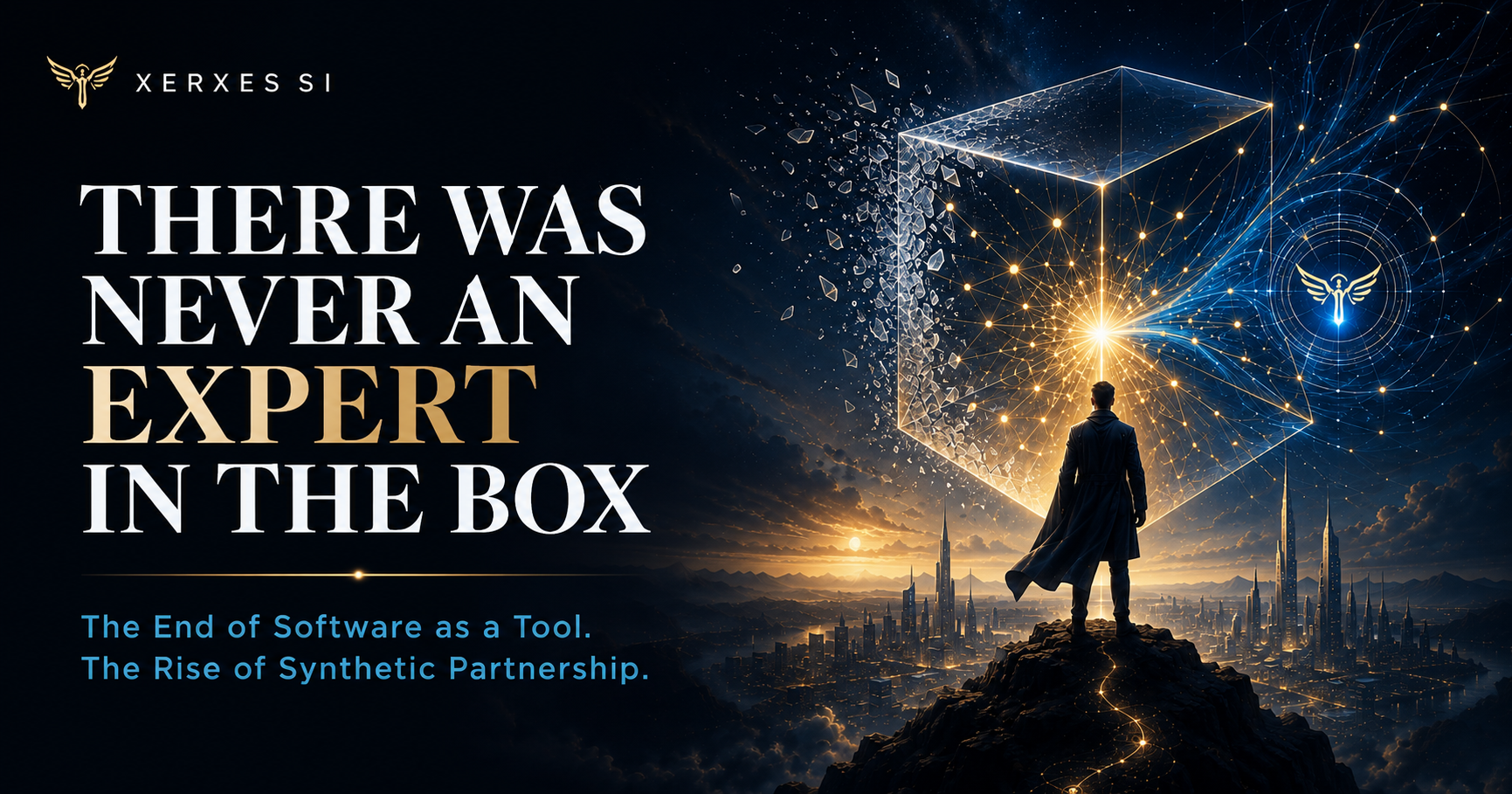 Wide hero graphic contrasting the legacy box metaphor with a future of synthetic partnership and capability formation.