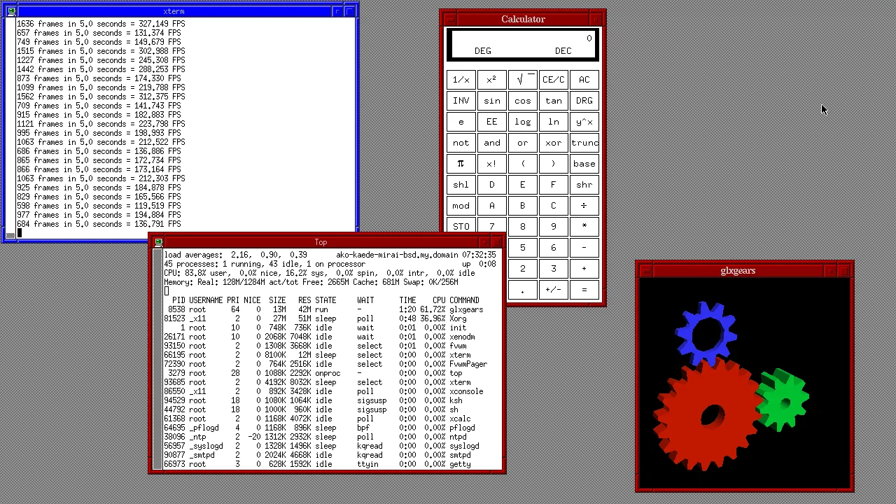 OpenBSD 7.0 desktop running FVWM with terminal and calculator windows