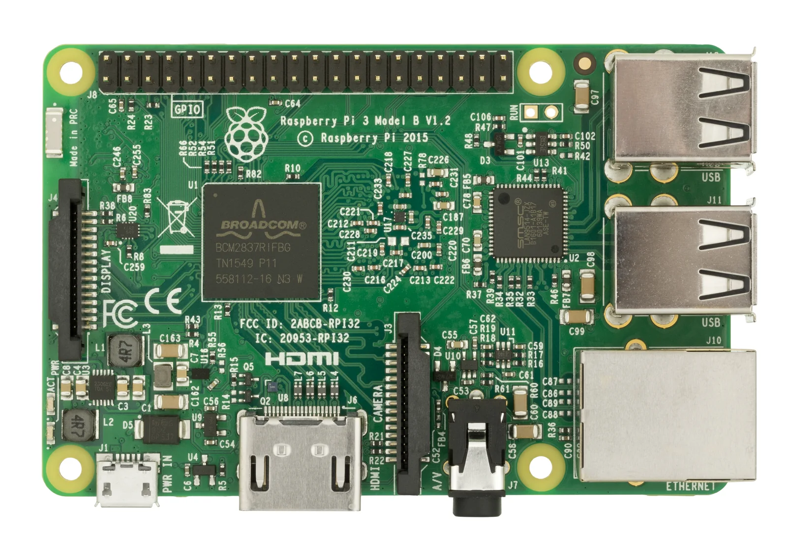 Raspberry Pi 3 single-board computer photographed from above