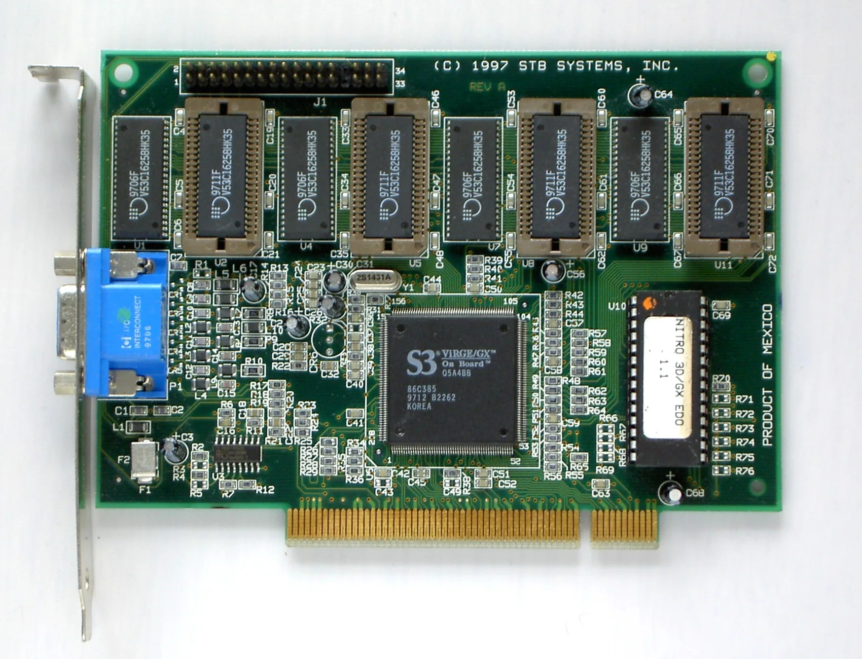 S3 ViRGE/GX PCI graphics card with memory chips, VGA connector, and S3 graphics processor visible